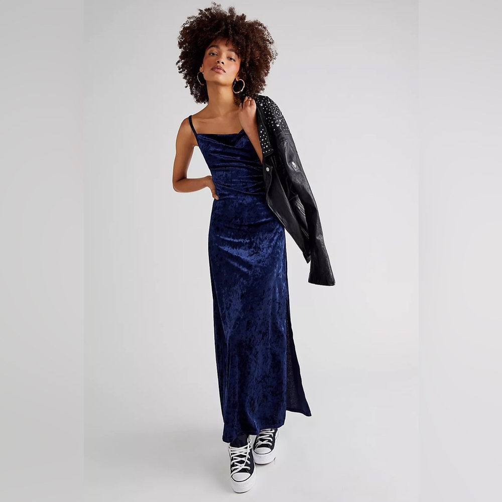 Free People Intimately Bare It All Velvet Bodycon Slip Slit Maxi Dress Blue S